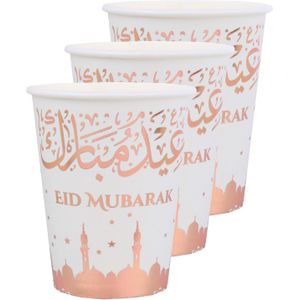 Ramadan Eid Mubarak suikerfeest bekertjes - 20x - wit/rose goud - karton - 270 ml