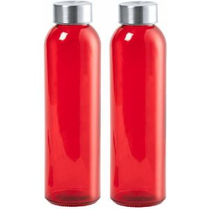 Glazen waterfles/drinkfles/sportfles - 2x - rood transparant - met RVS dop - 500 ml