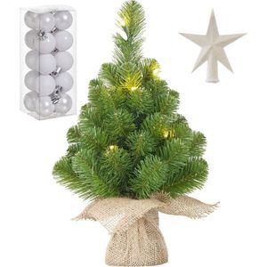 Kunst kerstboom met 10 LED lampjes 45 cm inclusief witte versiering 21-delig - Mini kerstboompjes
