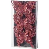 6x Kerst decoratie vlinders rood 12 x 11 cm - Kerstboom versiering/decoratie vlinder op clip
