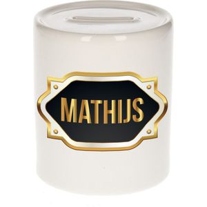 Mathijs naam cadeau spaarpot met gouden embleem - kado verjaardag/ vaderdag/ pensioen/ geslaagd/ bedankt