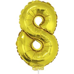 Gouden opblaas cijfer ballon 8 op stokje 41 cm