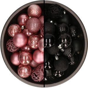 Bellatio Decorations Kerstballen mix - 74-delig - velvet roze en zwart - 6 cm - kunststof