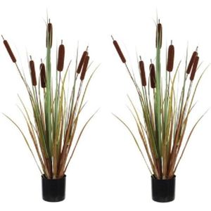 2x Groene Lisdodde/grasplant kunstplanten met sigaren 90 cm in bruine pot - Kunstplanten/nepplanten - Grasplanten