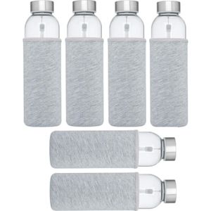 6x stuks glazen waterfles/drinkfles met grijze softshell bescherm hoes 500 ml - Sportfles - Bidon