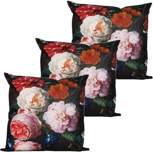 Anna's collection buitenkussen bloem - 3x - roze/zwart - 60 x 60 cm - Water en UV bestendig