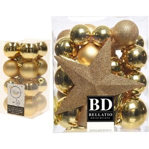 Kerstversiering kunststof kerstballen goud 4-5-6-8 cm pakket van 49x stuks - Met kunststof ster piek van 19 cm