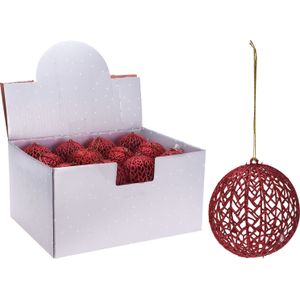 1x Rode glitter draad/rotan look kerstballen kunststof 9 cm - Kerstboomversiering rood