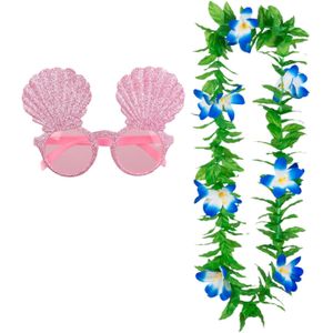 Tropische Hawaii party verkleed accessoires set - schelpen zonnebril - en bloemenkrans groen/blauw - voor volwassenen