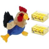 Pluche kippen/hanen knuffel van 20 cm met 12x stuks mini kuikentjes 3,5 cm - Paas/pasen decoratie