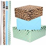 8x Rollen transparante folie/inpakpapier pakket - panterprint/blauw/groen met zilveren stippen 200 x 70 cm - dierenprint papier