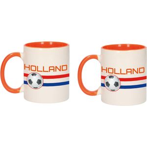 2x stuks Holland vlag met voetbal mok/ beker oranje wit 300 ml