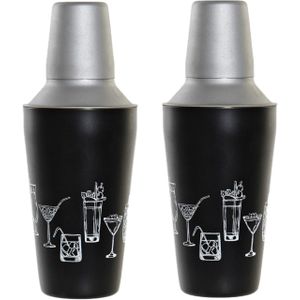 2x stuks cocktailshakers zwart 500 ml RVS - Keukenbenodigdheden - Bar/cafe benodigdheden - Cocktails maken - Mix/shake bekers