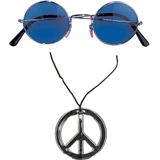 Smiffys Hippie Flower Power verkleed set peace ketting en ronde blauwe glazen party bril