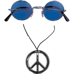 Smiffys Hippie Flower Power verkleed set peace ketting en ronde blauwe glazen party bril