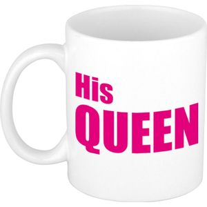 His Queen cadeau koffiemok / theebeker wit met roze blokletters - 300 ml - keramiek - fun tekst beker / cadeaumok
