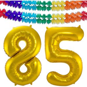 Folie ballonnen - Leeftijd cijfer 85 - goud - 86 cm - en 2x slingers