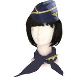 Carnaval verkleed set Stewardessen - hoedje/broche/sjaaltje - blauw/goud - dames - luchtvaart
