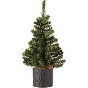 Volle mini kerstboom groen in jute zak 60 cm - Inclusief donkergrijze plantenpot 12,5 x 13,5 cm - Kunstboompjes