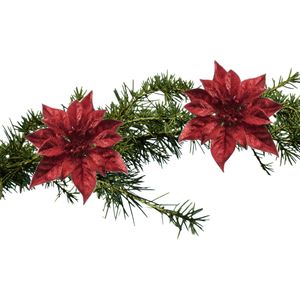Kerstboom bloemen op clip - 2x stuks - rood - kunststof - 18 cm