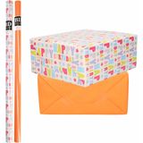 4x Rollen kraft inpakpapier happy birthday pakket - oranje 200 x 70 cm - cadeau/verzendpapier