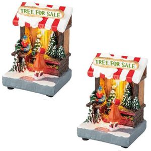 2x stuks kerstdorp kersthuisjes kerstbomen winkeltjes met verlichting 8 x 11 cm - Kerstdorp onderdelen kerstversiering