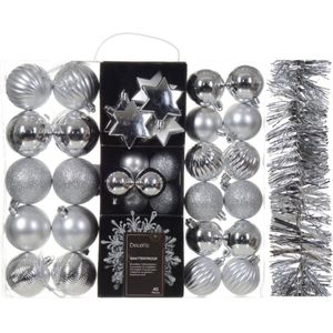 Kerstversiering set - zilver - kerstballen, ornamenten en folie slinger - kunststof