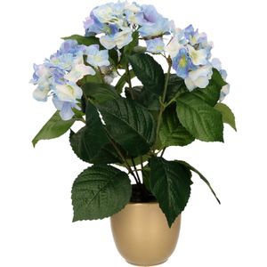 Hortensia kunstplant/kunstbloemen 40 cm - blauw - in pot mat goud - Kunst kamerplant