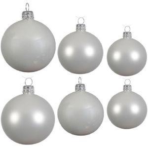 Compleet glazen kerstballen pakket winter wit glans/mat 16x stuks - 6x 6 cm - 6x 8 cm - 4x 10 cm