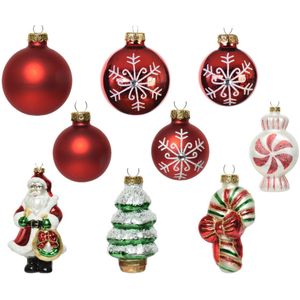 20x stuks glazen kerstornamenten/hangers figuurtjes en kerstballen rood x stuks kerstornamenten/kersthangers sneeuwvlokken wit glazen 10 cm