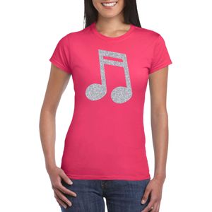 Zilveren muziek noot  / muziek feest t-shirt / kleding - roze - voor dames - muziek shirts / muziek liefhebber / outfit