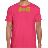 Roze fun t-shirt met vlinderdas in glitter goud heren