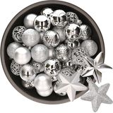 Decoris Kerstballen en sterren ornamenten - 43x stuks - kunststof - zilver