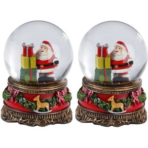 2x Decoratie sneeuwbollen/snowglobes kerstman met cadeautjes 9 cm - Kerstversiering glazen sneeuwbol met kerstman en cadeaus 9 cm