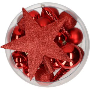 Decoris kerstballen set - 33x stuks - rood - kunststof - met piek