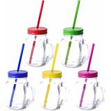 10x stuks Glazen Mason Jar drinkbekers met dop en rietje 500 ml - 5x kleuren, 2x stuks per kleur