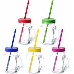 10x stuks Glazen Mason Jar drinkbekers met dop en rietje 500 ml - 5x kleuren, 2x stuks per kleur