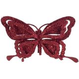 6x Kerstboomversiering op clip vlinder glitter bordeaux rood 14 cm - kerstfiguren - vlinders