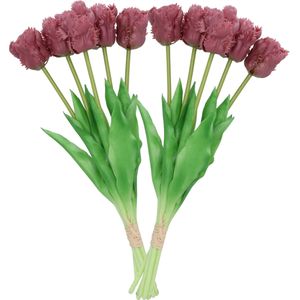 DK Design Kunst tulpen boeket - 10x stuks - aubergine paars - real touch - 39 cm - levensechte kunstbloemen