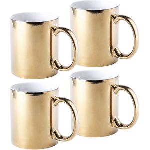 Bellatio Design Koffie mokken/bekers - 4x - keramiek - met oor - metallic goud - 350 ml