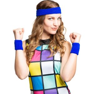 Partychimp Verkleed accessoire zweetbandjes set - blauw - jaren 80/90 thema feestje