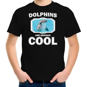 Dieren dolfijnen t-shirt zwart kinderen - dolphins are serious cool shirt  jongens/ meisjes - cadeau shirt dolfijn/ dolfijnen liefhebber - kinderkleding / kleding