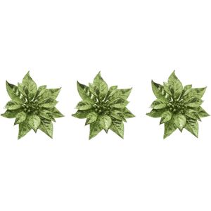 10x stuks decoratie bloemen kerststerren groen glitter op clip 18 cm - Decoratiebloemen/kerstboomversiering