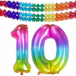 Folat folie ballonnen - Leeftijd cijfer 10 - glimmend multi-kleuren - 86 cm - en 2x slingers