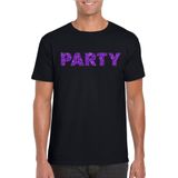 Zwart Party t-shirt met paarse glitters heren - Themafeest/feest kleding