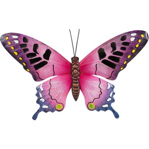 Tuindecoratie vlinder van metaal roze 48 cm - Muur/wand/schutting - Dierenbeelden vlinders