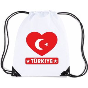 Turkije nylon rijgkoord rugzak/ sporttas wit met Turkse vlag in hart