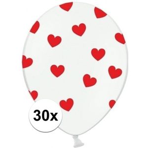 30x stuks witte ballonnen met hartjes rood