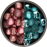Bellatio Decorations Kerstballen mix - 74-delig - oudroze en turquoise blauw - 6 cm - kunststof