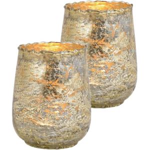 Set van 2x stuks glazen design windlicht/kaarsenhouder in de kleur champagne goud met formaat 10 x 12 x 10 cm. Voor waxinelichtjes